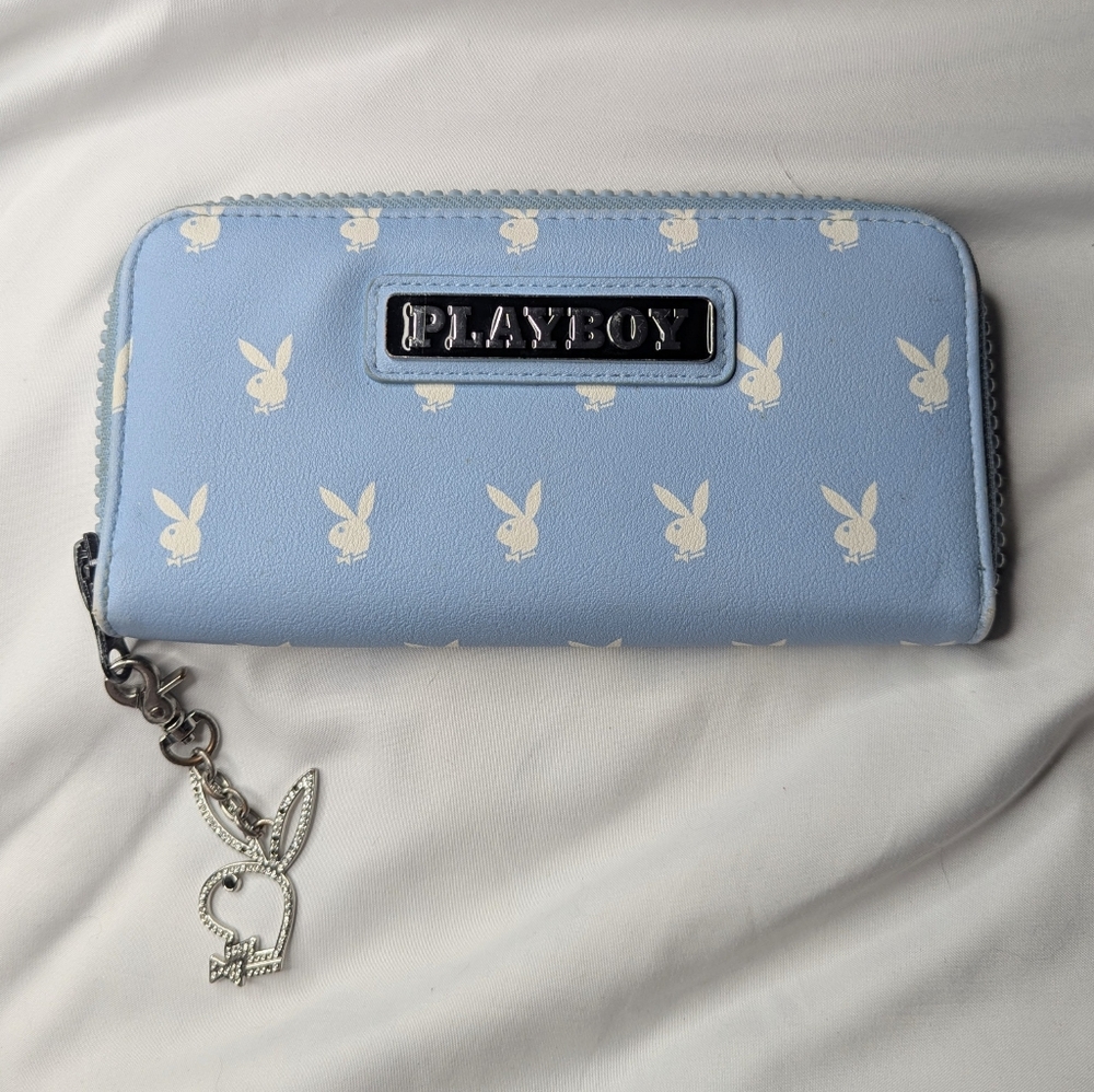 Playboy Bunny Bling Zip Around Wallet Baby Blue w White Bunnies